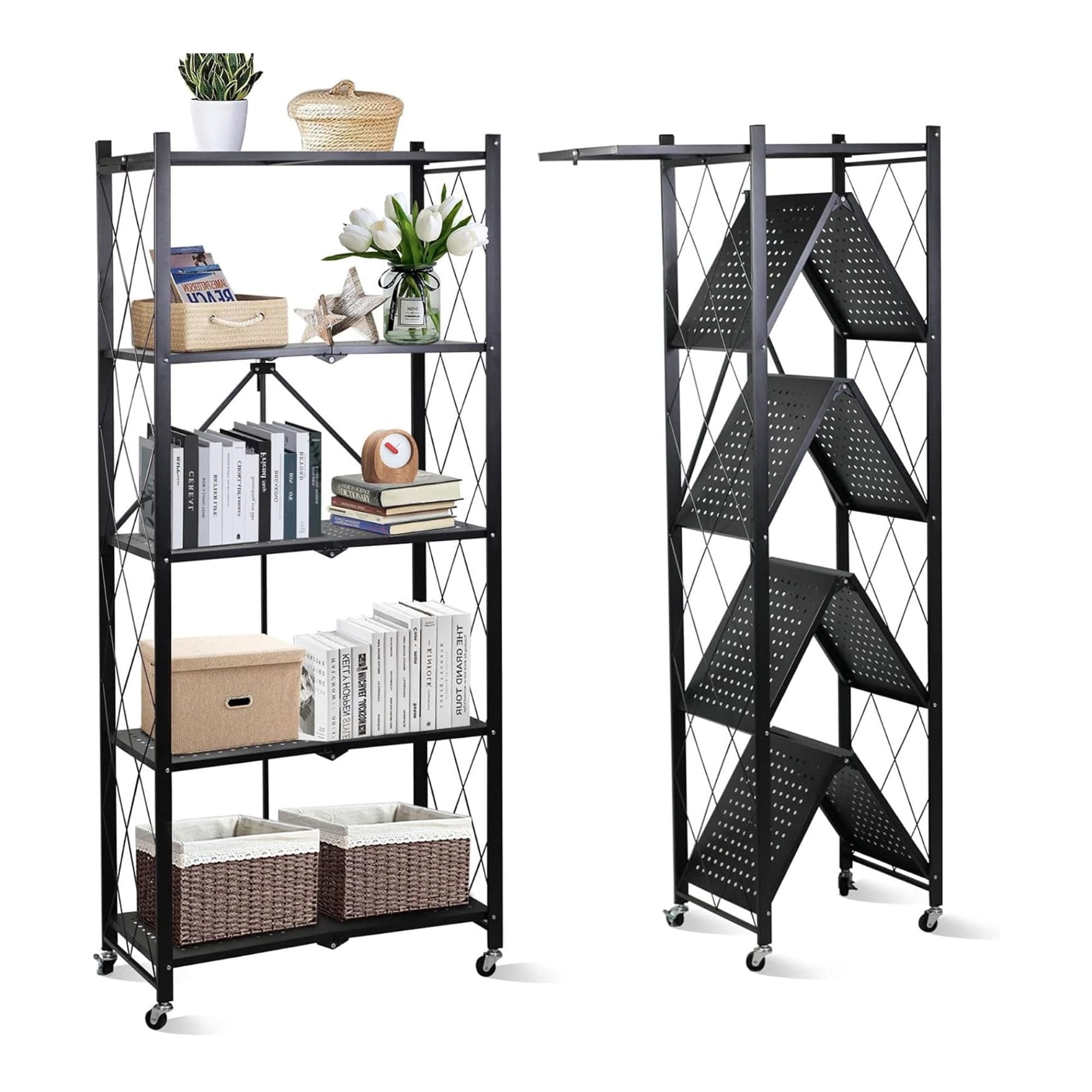 Sulfar Foldable Storage Organizer | 5 Tier Multipurpose Shelf Rack for Kitchen Cabinet, Living Room, Bedroom, Garage | 35x72x160.5cm (Black, 1 Pack)
