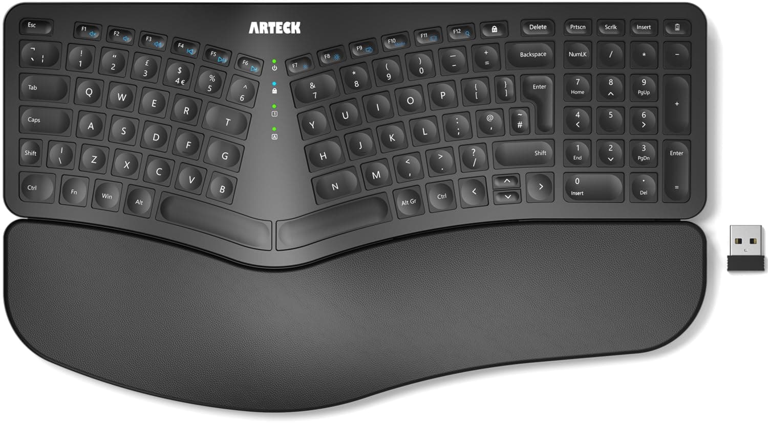 Arteck Split Ergonomic Keyboard with Cushioned Wrist and Palm Rest, 2.4G USB Wireless Comfortable Natural Ergonomic Split Keyboard, for Windows Computer Desktop Laptop
