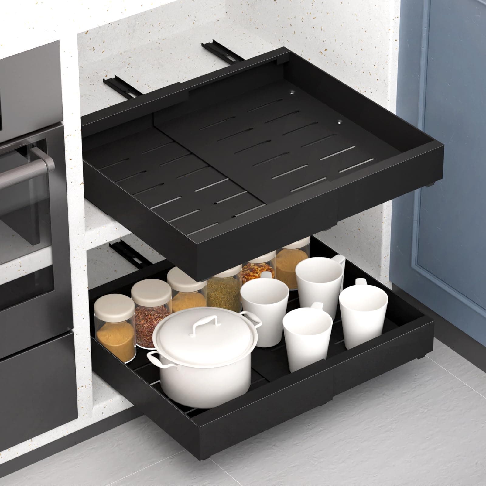 Alishomtll Pull Out Cabinet Organizer, Extendable Slide Out Drawer Storage Shelves, Roll-Out Sliding Drawer Organiser, with Nano Film, No Need Drill, for Kitchen Bathroom 31-51x42x7cm Black