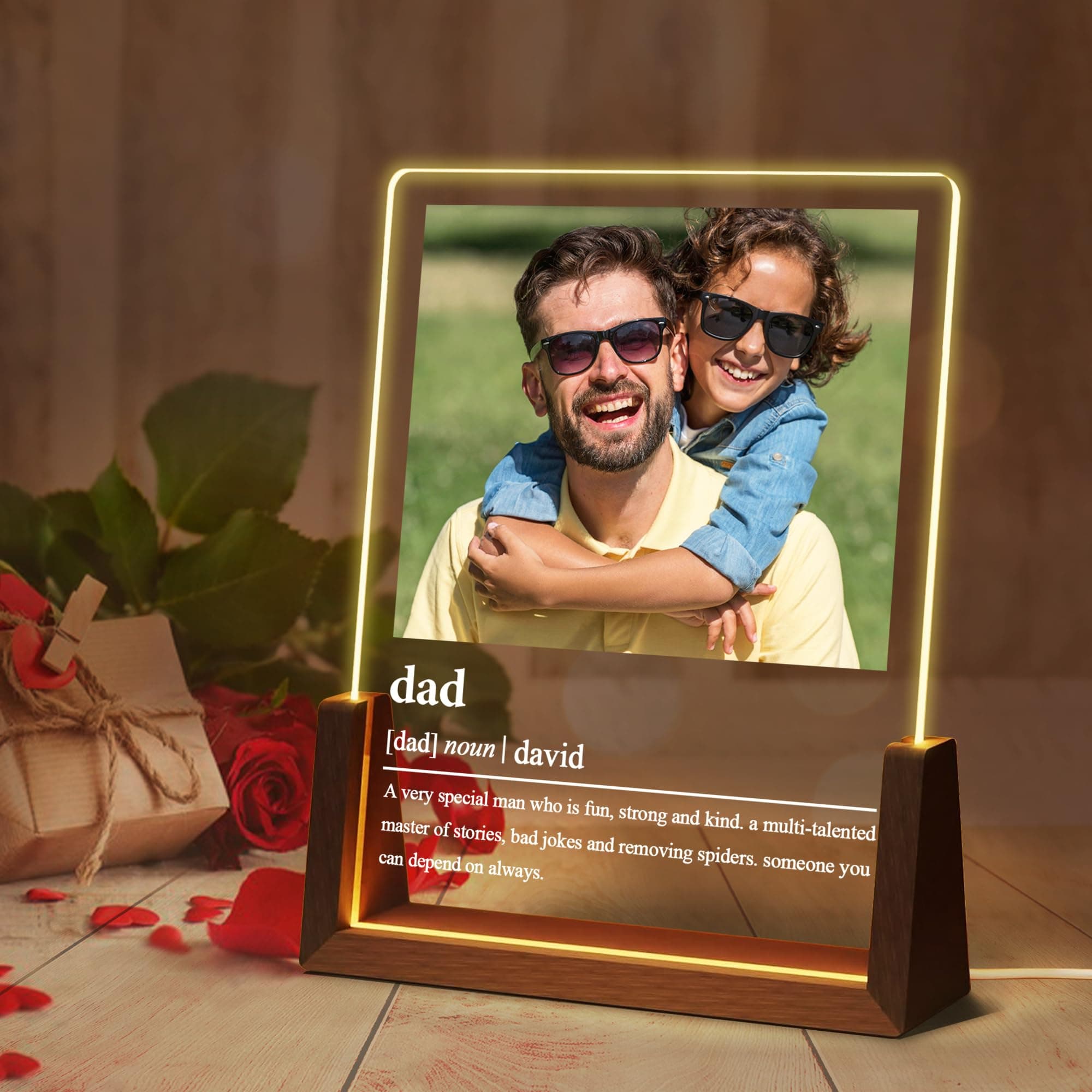 Ship Next Day Personalized Father's Day Gift for Dad, Personalized Light Up Acrylic Picture Frame, Unique Romantic Birthday Christmas Gift for Dad from Son Daughter Kid Wife