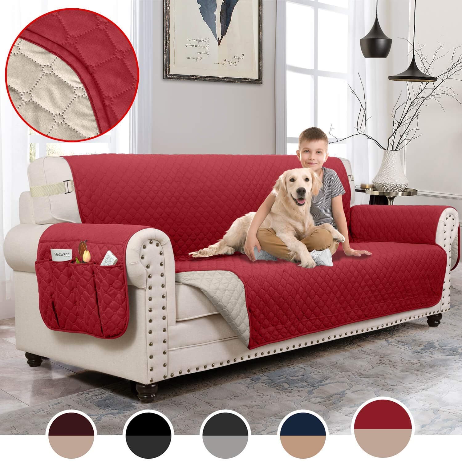 MOYMO Reversible Sofa Cover, Sofa Slipover with Pockets, Couch Covers for 3 Cushion Couch, Machine Washable Sofa Covers for Dogs, Children, Pets,Kids(Sofa:Burgundy/Beige)