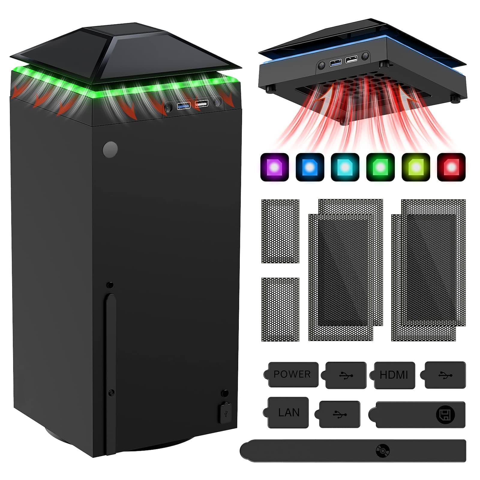 Cooling Fan Dust Proof for Xbox Series X Console with Colorful Light Strip,Dust Cover Filter,Rubber Dust Plugs,Low Noise Top Fan with 3 Gears,Cooler&Light Independent Touch Switch, 2 USB Port