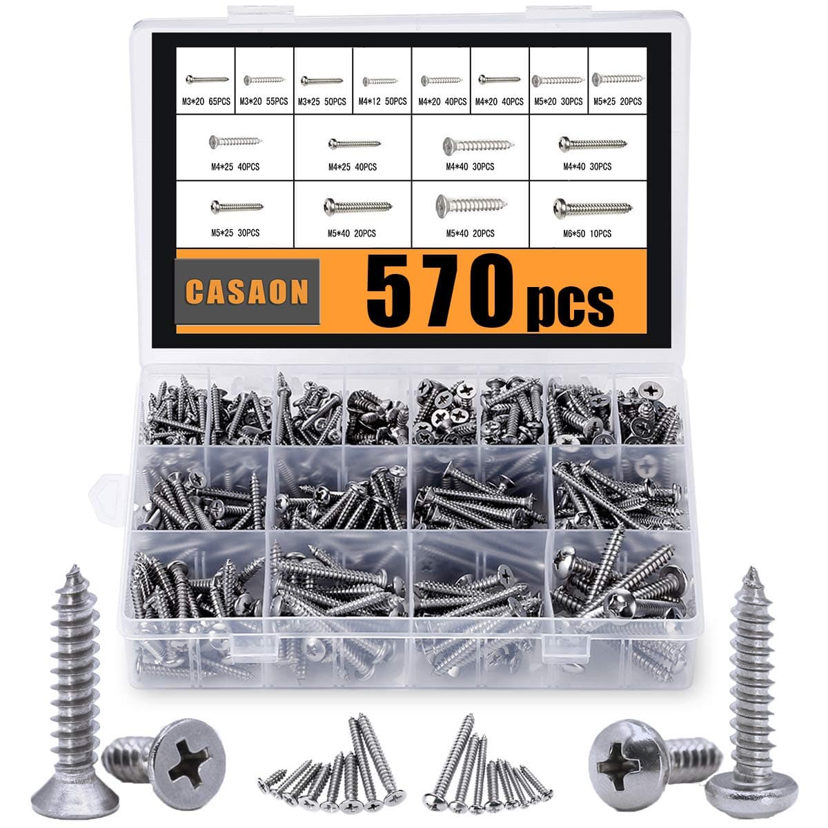CASAON 570Pcs Self Tapping Screws Assortment Set, M3/M4/M5/M6 304 Stainless Steel Sheet Metal Screws Kit, Phillips Drive Wood Screw Assortment 570pcs (285pcs Round Head and 285pcs Flat Head)