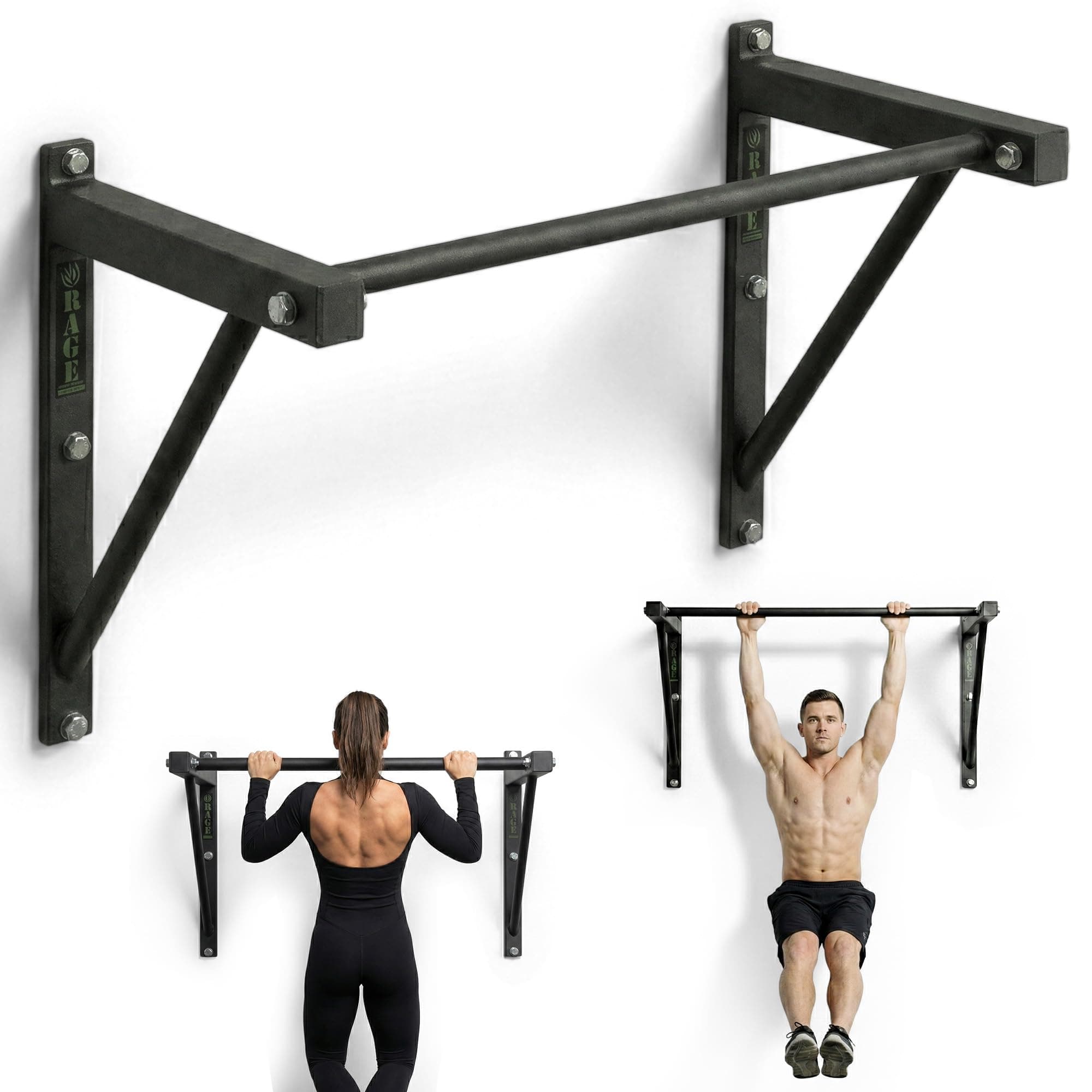 Rage Fitness Heavy-Duty Wall Mounted Pull Up Bar - 500 lbs Weight Capacity | Maintain Upper Body Strength & Core Stability | Space Efficient Steel Chin Up Black Bar for Home & Gym Versatile Workouts