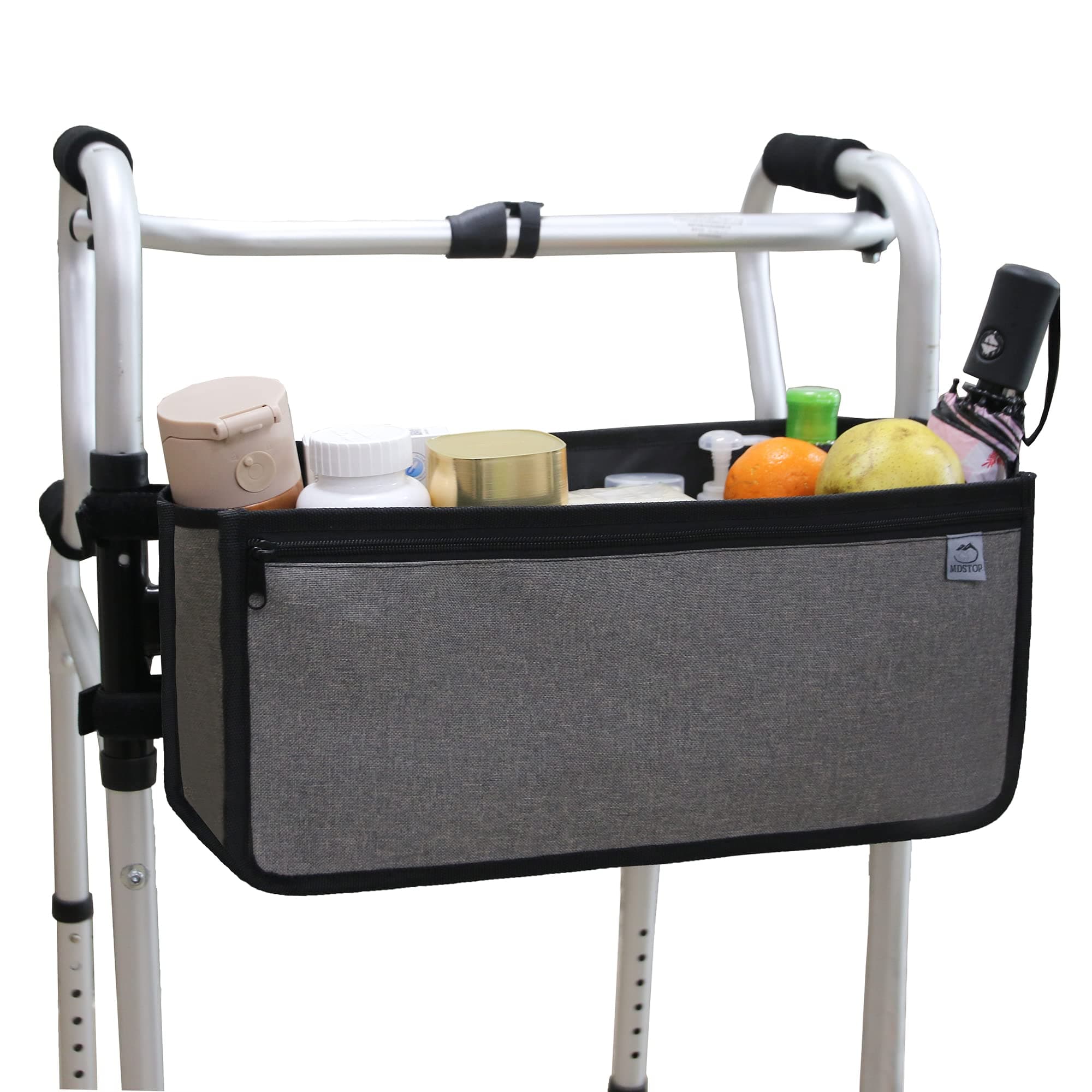 MDSTOP Walker Basket, Walker Bag Water Cup Holder, Foldable Walker Attachment Hands-Free Storage Bag for Elderly, Senior, Large Capacity with Zippered Phone Pocket (Not Fit Rollator Walkers) (Grey)