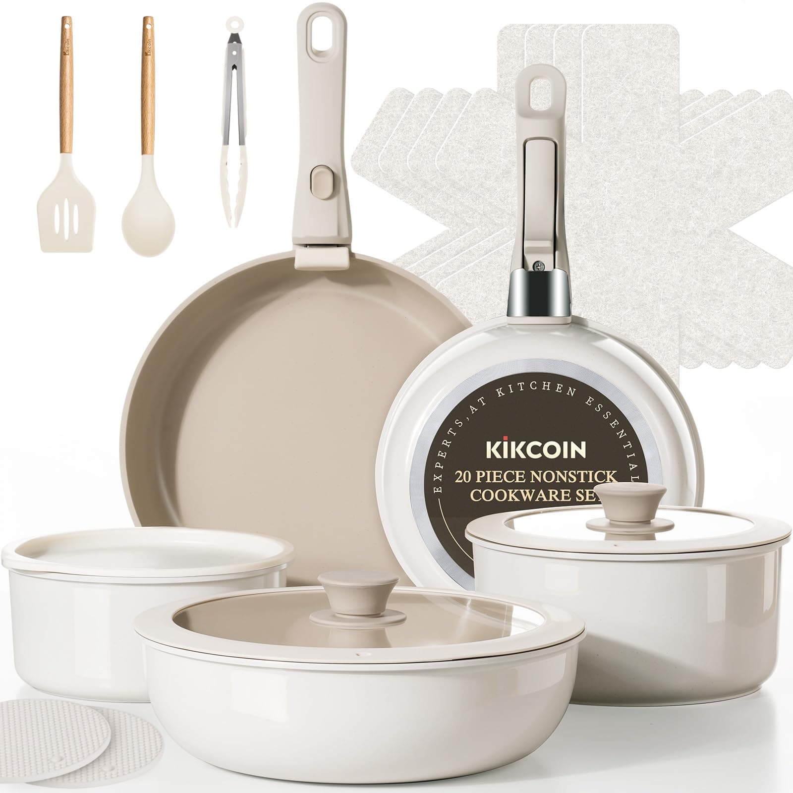 Nonstick Pots and Pans Set, 20 Pack Ceramic Cookware Set with Detachable Handle, Induction RV Kitchen Cooking Set with Removable Handle, Frying Pans - Dishwasher/Oven Safe, PFOA Free