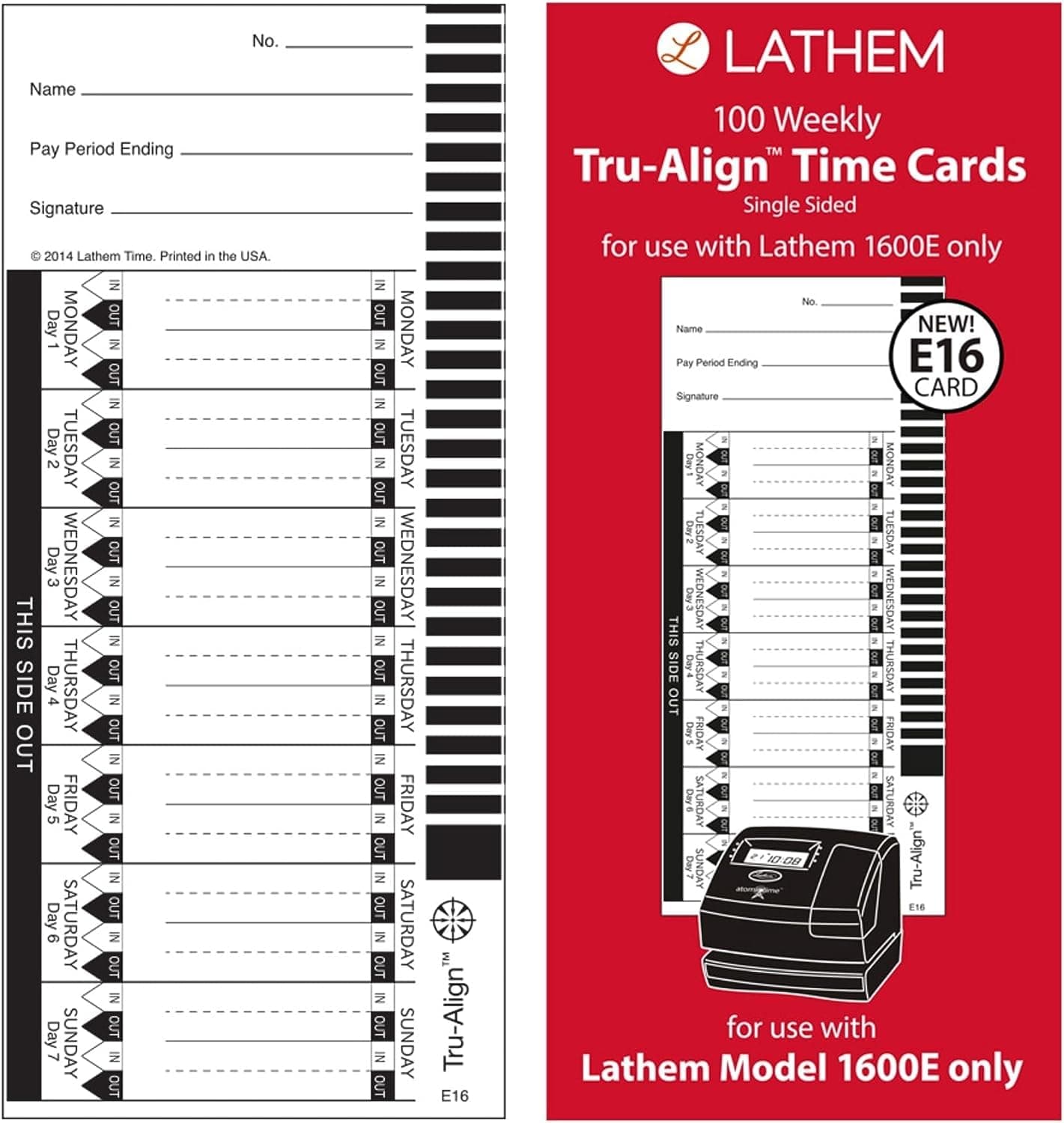 Lathem TruAlign E16 Time Cards for 1600E, Weekly, 1-Sided, 4" x 9", White, Box of 100, (E16-100)