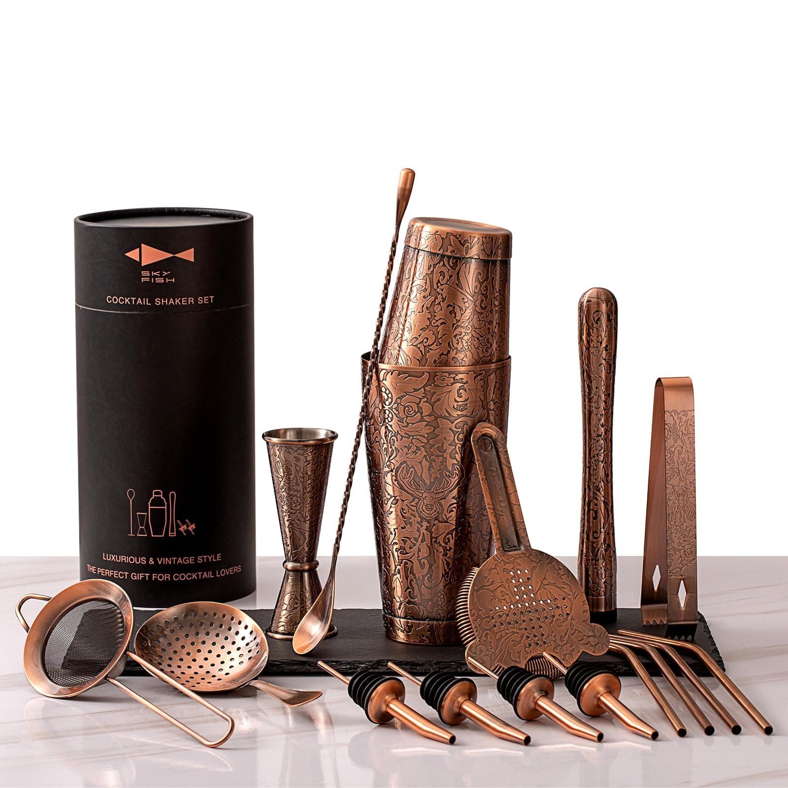 Boston Cocktail Shaker Set, 3D Embossed Design Bartender Set, 18-Piece Cocktial Making Kit, Stainless Steel Barware Tool Set, Antique Copper