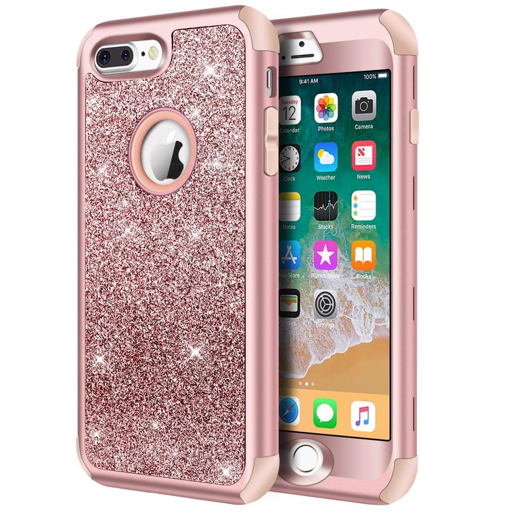 Designed for iPhone 8 Plus, iPhone 7 Plus Case, Heavy Duty Defender Protective Bling Glitter Sparkle Hard Shell Hybrid Shockproof Rubber Bumper Cover for 7 Plus and 8 Plus, Rose Gold