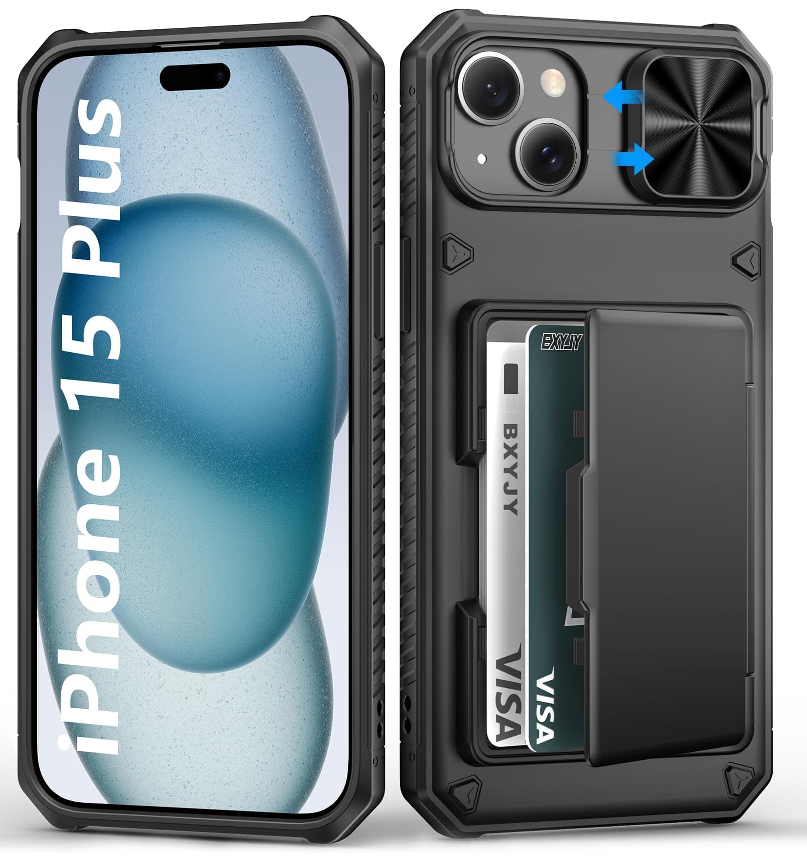 for iPhone 15 Plus & 14 Plus Wallet Case, Built-in Card Holder(4-5 Cards), Slide Camera Cover, Military Drop & RFID Protection, Heavy Duty Women Men Phone Cases for iPhone 15 Plus/14 Plus, Black