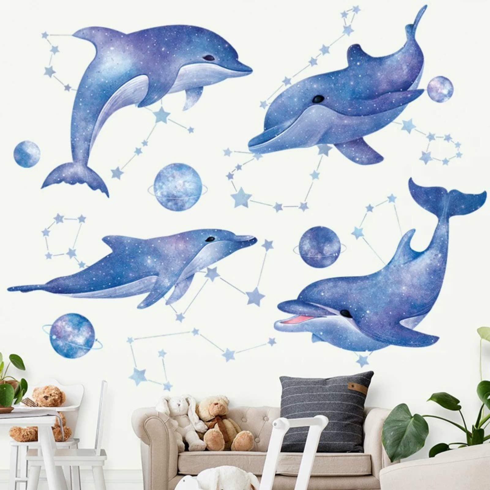 Dolphin Wall Decals, 4 Cute Jumping Blue Dolphin Wall Decals DIY Wall Stickers 3D Nursery Art Decor Peel Stick Decoration Decal for Girls Bedroom Kids Bathroom (Color 1)