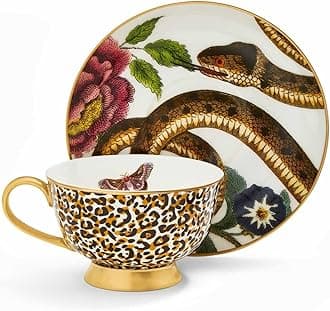 Spode x Creatures of Curiosity Coupe Tea Cup and Saucer Set - Fine China with 22-Carat Gold Detailing, Gift Boxed, Coupe Tea Cup and Saucer Leopard and Snake, Suitable for Elegant Dining or Display
