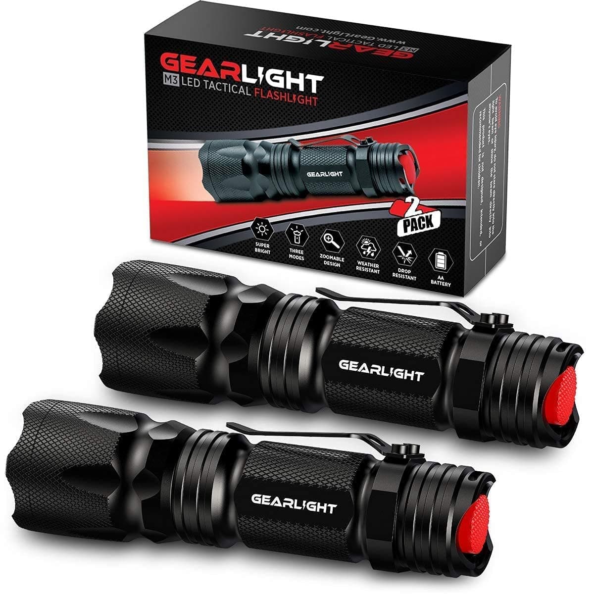GearLight M3 Mini LED Flashlight - 2 Bright, Small Tactical Flashlights with High Lumens and Pocket Clip for Camping, Outdoor & Emergency Use ﻿ - Black