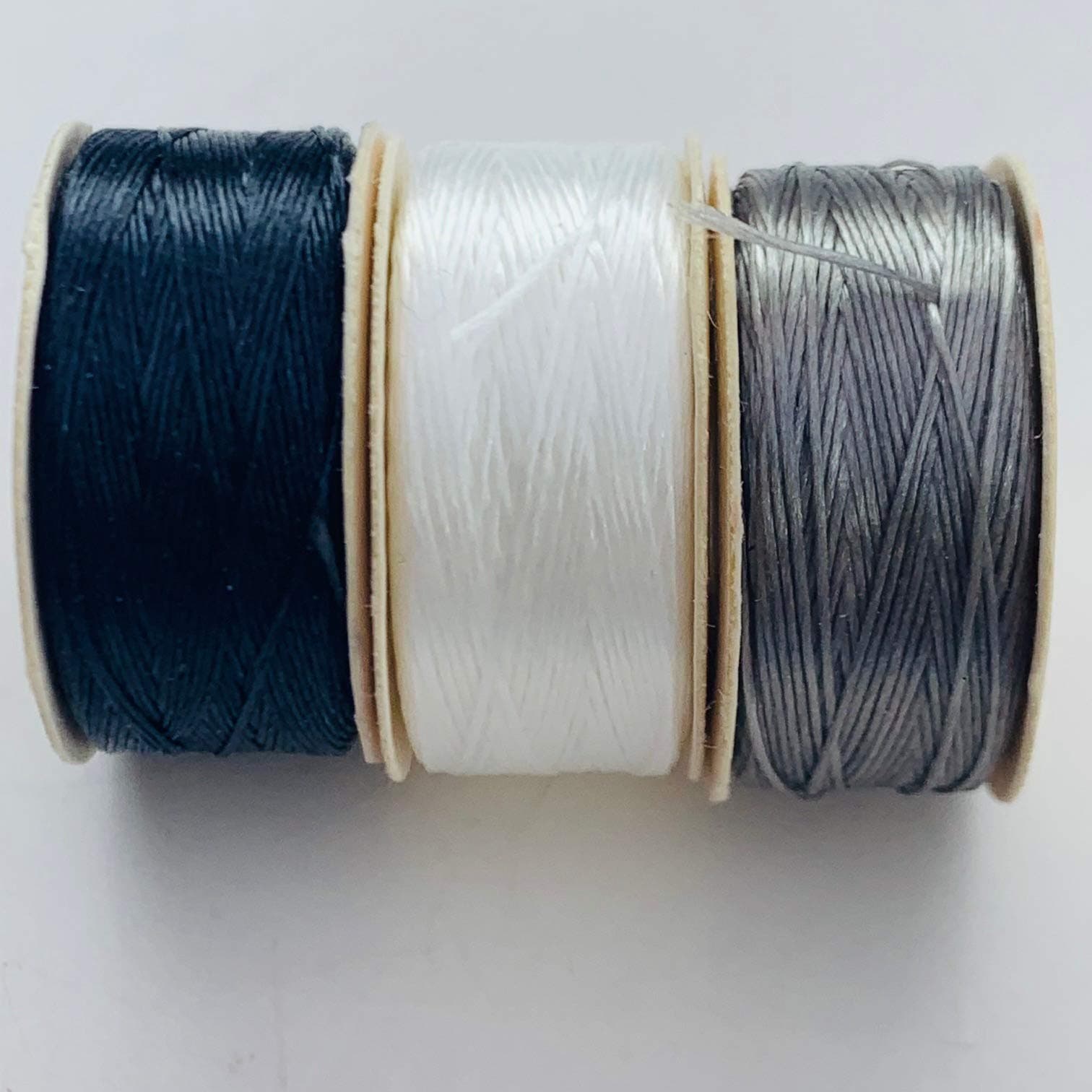 NymoNylon Beading Thread Size B for Delica Beads, 72 Yards per Bobbin, White, Grey & Black. (Three Color Pack)