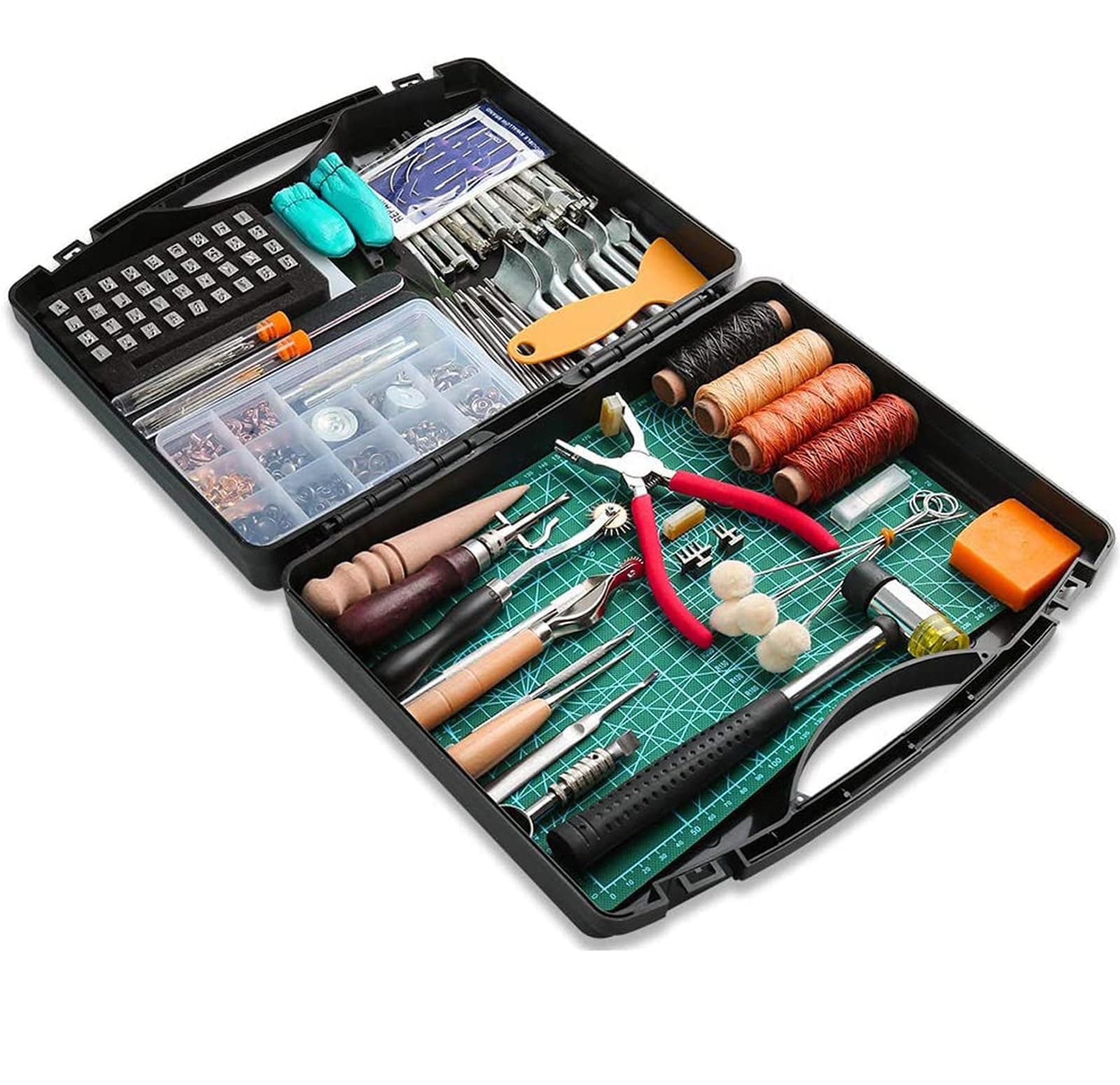 273 Pieces Leather Working Tools and Supplies with Leather Tool Box Cutting Mat Hammer Stamping Needles Snaps and Rivets Kit Perfect for Stitching Punching Cutting Sewing Leathercrafting Making