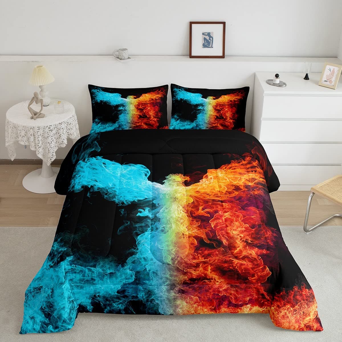 ErosebridalPhoenix Comforter Set Full Size,Ice Fire Phoenix Bedding Set Kids Boys Teens Adult Bedroom Decor,Magic Bird Print Duvet Insert Blue Gold Neon Animal Quilted Comforter with 2 Pillow Shams