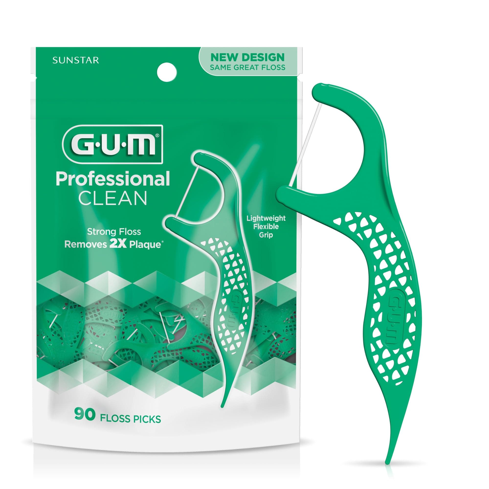 GUM Professional Clean Floss Picks - Extra Strong Shred-Resistant Floss, Easy Grip Handle - Dental Flossers for Adults - Fresh Mint Flavor, 90 Count