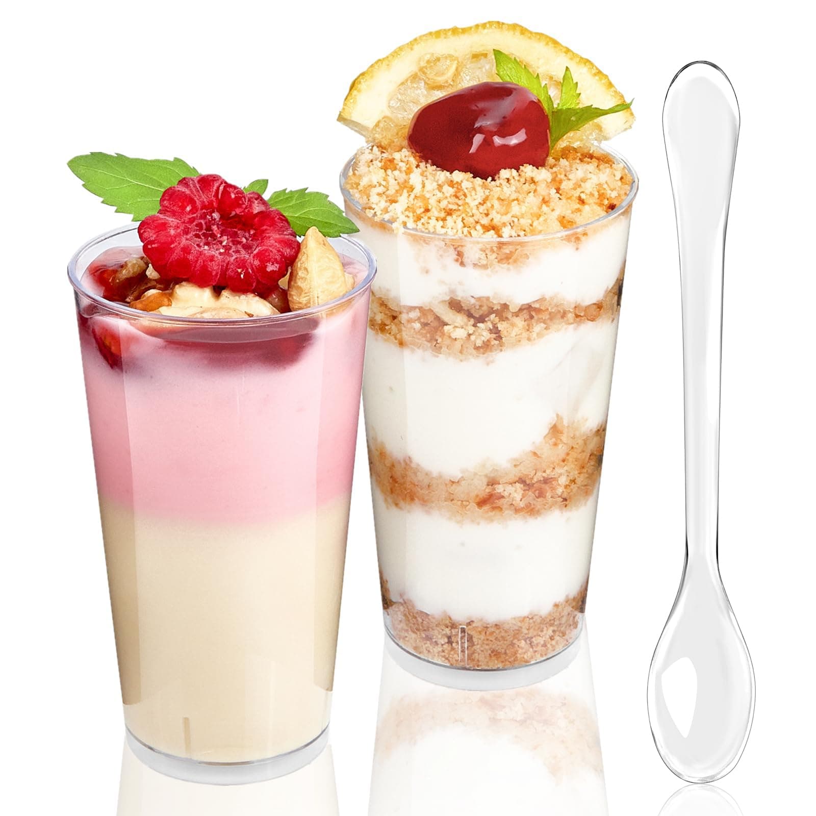 50 Pack 3 oz Round Mini Dessert Cups with Spoons Clear Plastic Dessert Shooter Cups for for Party, Yogurt, Parfait, Cheesecake, Pudding, Jello and Appetizers