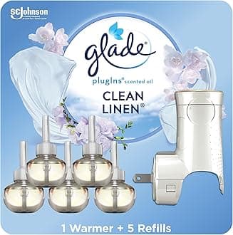 PlugIns Refills Air Freshener Starter Kit, Scented and Essential Oils for Home and Bathroom, Clean Linen, 3.35 Fl Oz, 1 Warmer + 5 Refills