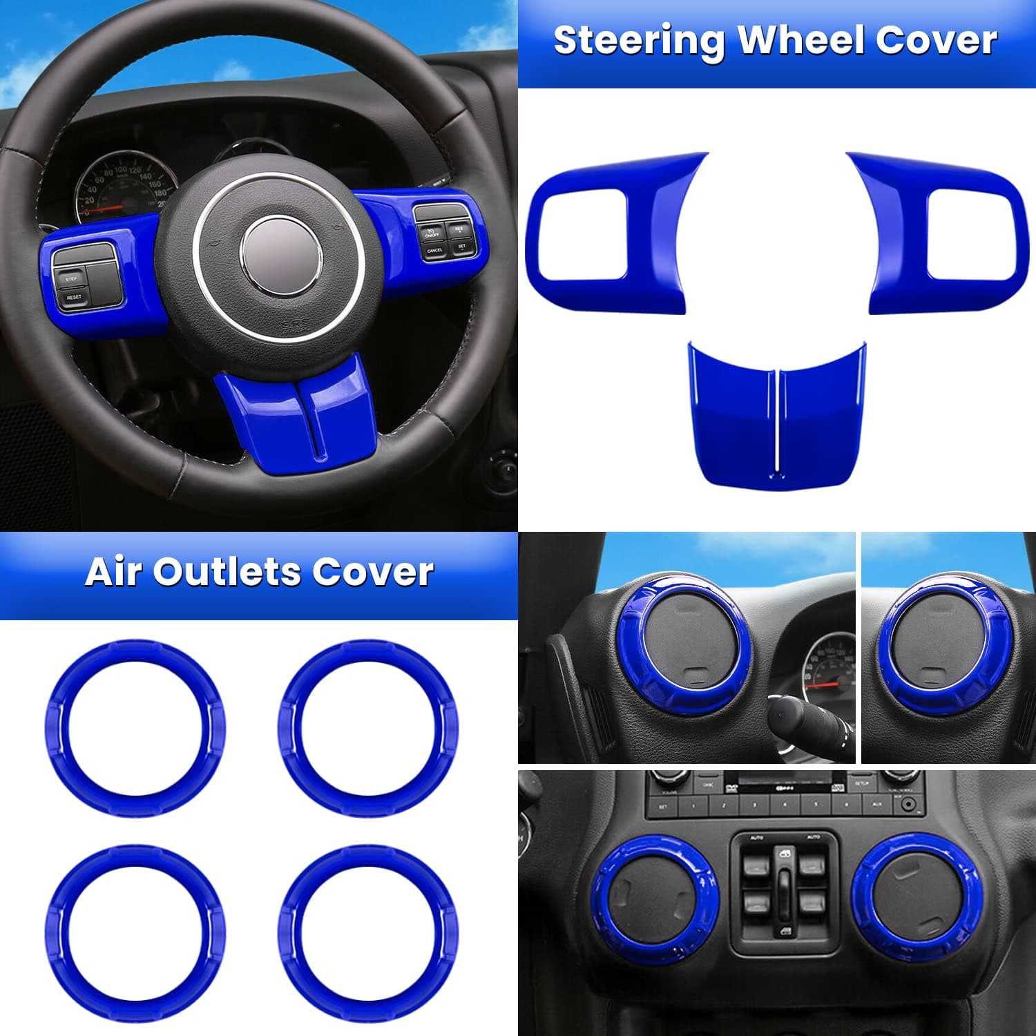E-cowlboy 18 PCS Full Set Interior Decoration Trim Kit Steering Wheel Center Console Door Handle Air Conditioning Vent Cup Holder Gear Cover Trim for Jeep Wrangler JK JKU 2011-2018 4-Door (Blue)