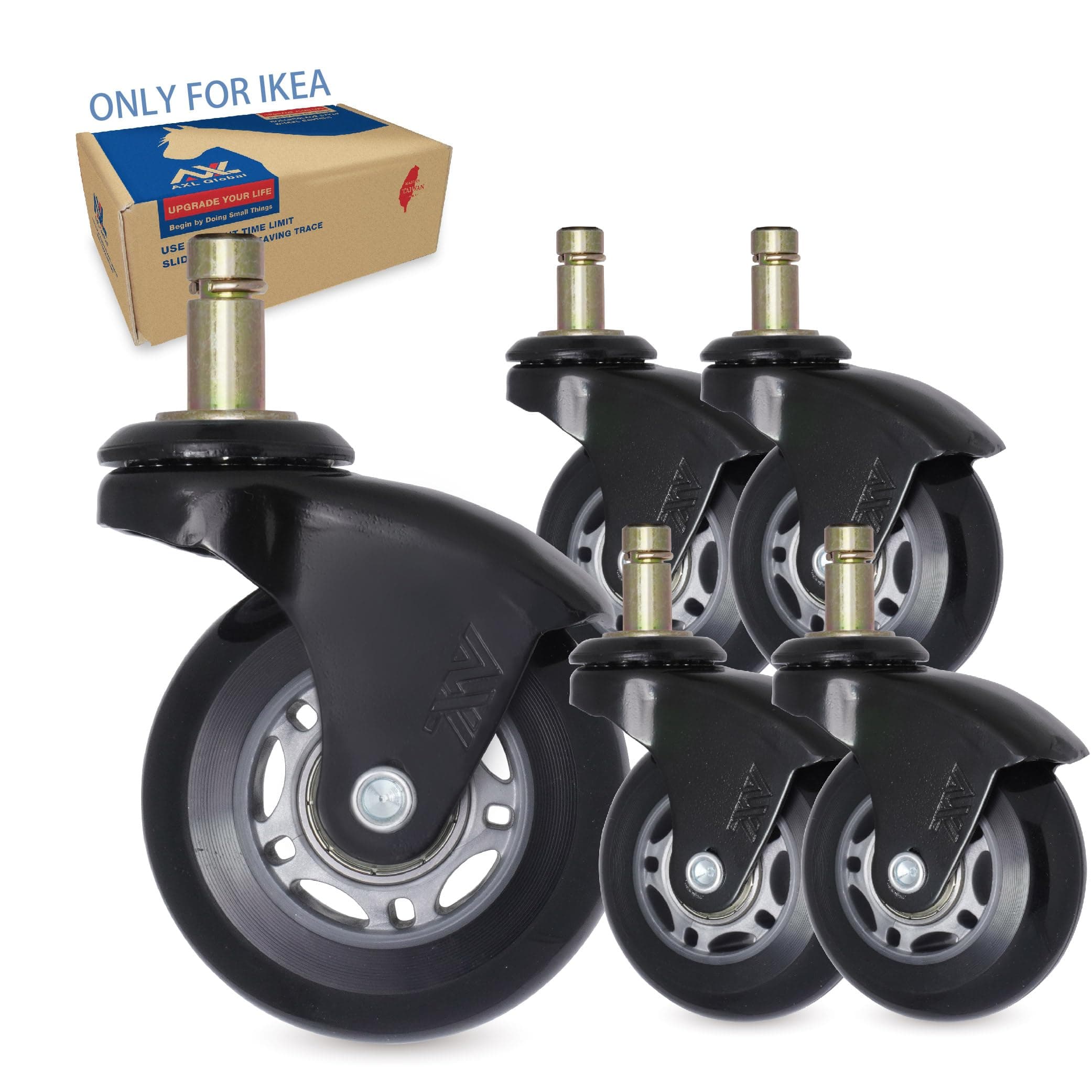 IKEA Chair Caster Wheels Replacement, 10mm Stem, 2.5 Inch Rollerblade Casters with Gap-Free Bracket for Safe Barefoot Rolling, Quiet & Floor-Safe, Pack of 5 (Black, Grey/Black)