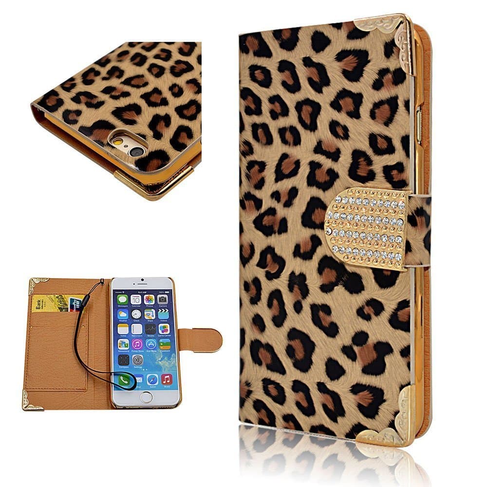iPhone 5 5S case Leopard Print, Umiko(TM) Leopard Skin Design Wallet Case for iPhone 5 5S Suit for Teen Girls Flip Leather Cover Folio Pouch Bling Crystal Magnetic Clasp Card Slot-Brown