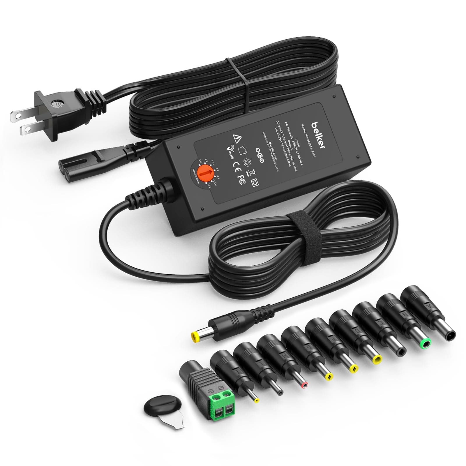 Belker 45W Universal 5V 6V 7.5V 9V 12V 13.5V 15V AC DC Adapter Power Supply for Household Eletronics LCD LED Strip Light Router HUB Speaker Smart Phone Tablet - Support Amps 0.5A 1A 2A 3A 3000mA Max.