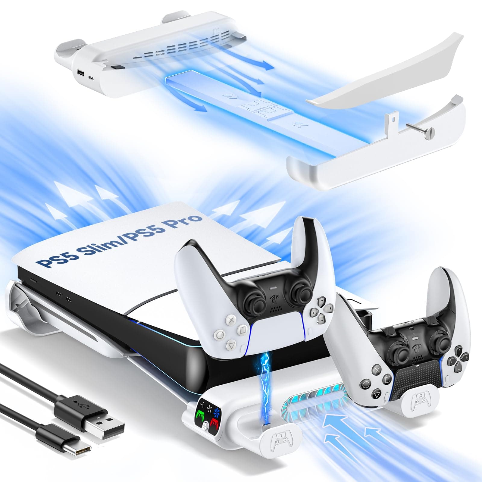 PS5 Slim/Pro Horizontal Cooling Stand for Disc & Digital, Dual Controller Charger with 3-Level Cooling Fan, PS5 Stand for Pro & Slim Console