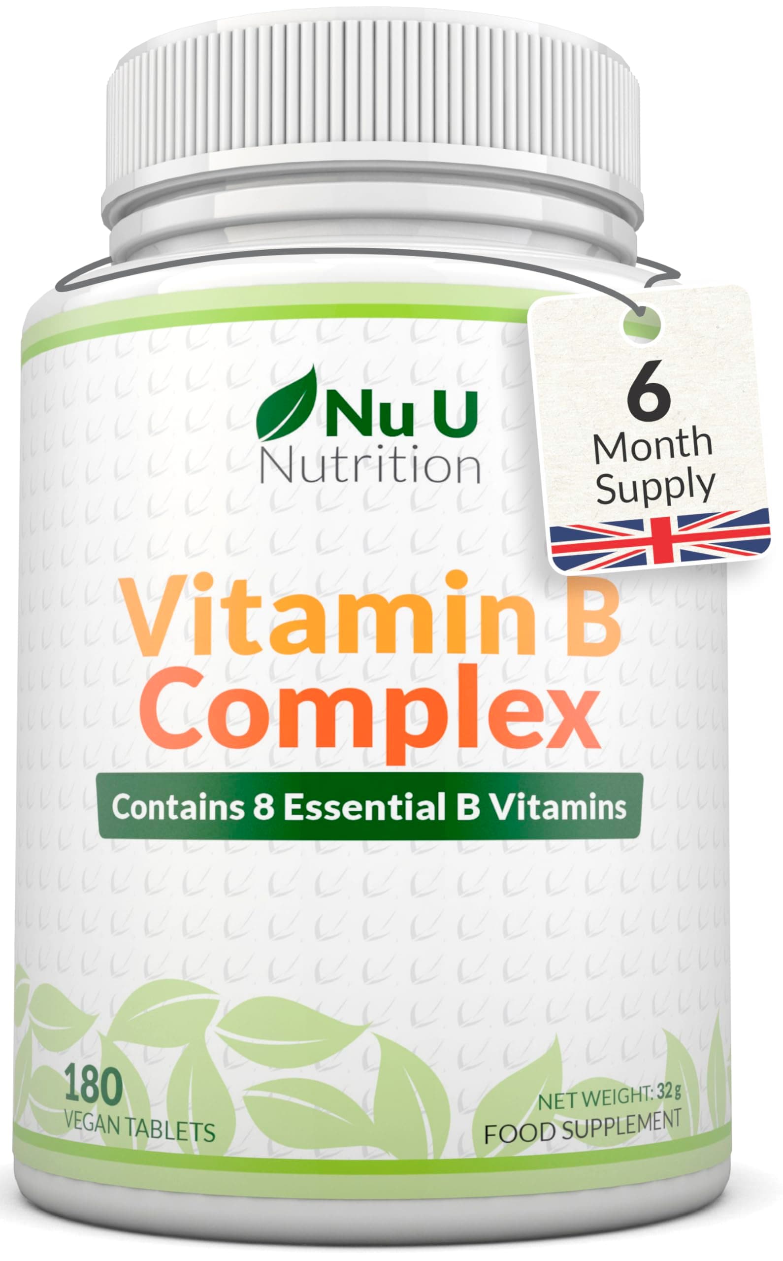 Vitamin B Complex High Strength - 180 Vegan Tablets - 6 Month Supply - Contains All 8 B Vitamins in 1 Tablet - Vitamins B1, B2, B3, B5, B6, B12, Biotin & Folic Acid - Nu U Nutrition