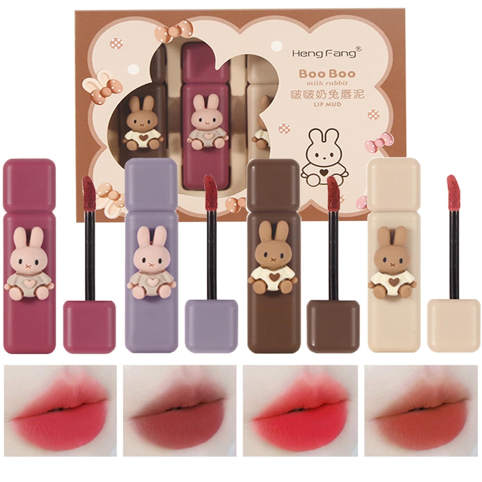4pcs Bunny Rabbit Flavor Lip Gloss Set for Lips & Cheeks, 4 Colors Matte Velvet Mousse Liquid Lipstick, Soft Lightweight Smooth Lip Mud, Long Lasting Waterproof Lip Makeup Kit