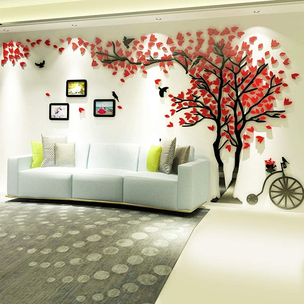 Warmcasa 3D Forest Tree Red Leaves Wall Sticker Art Removable Acrylic Mural Decal Wall Sofa Home Room Decor (M, Red Black Right)