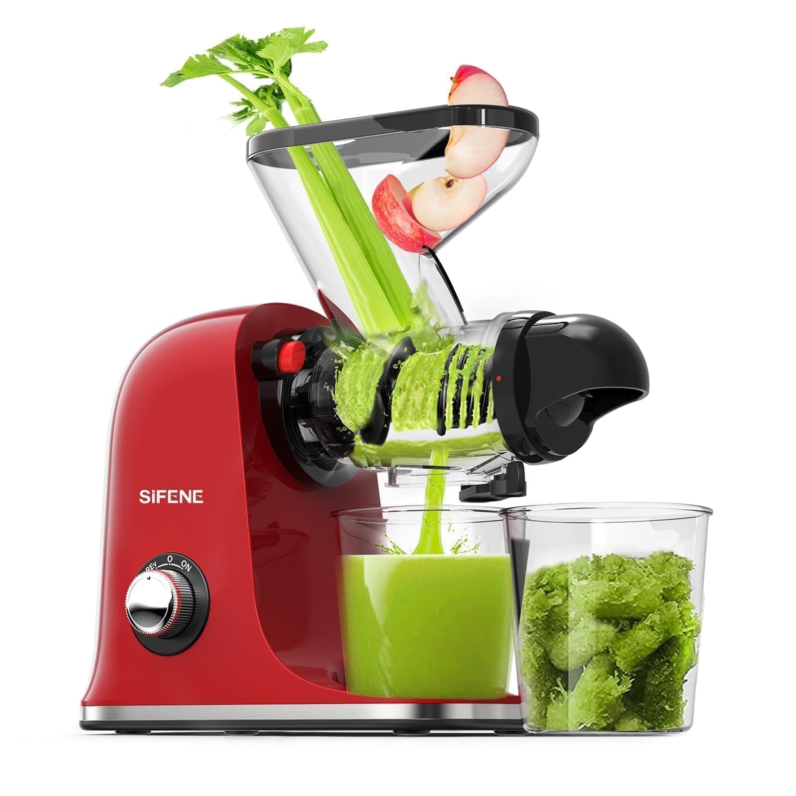 SiFENE Cold Press Juicer Machine, Slow Masticating Juicer, Vegetable and Fruit Juice Extractor Maker Squeezer, Easy to Clean, Non-BPA, Red