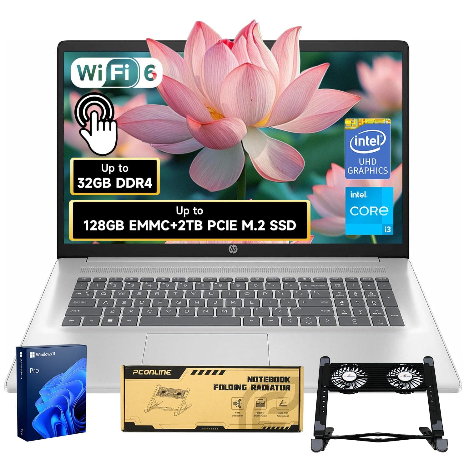 HP 17.3" Touch Screen Laptop, Intel Core i3-N305, 32GB RAM, 128GB eMMC + 1TB SSD, Numeric Kead, Webcam, HDMI, Wi-Fi 6, Windows 11 Pro, Silver, PCO Notebook Folding Radiator, Bundle with Cooler