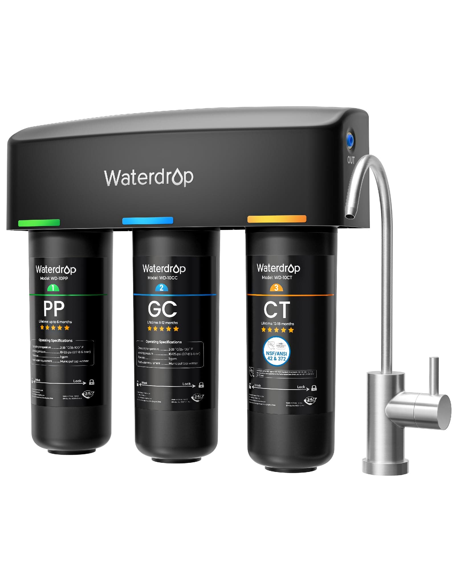 Waterdrop TSB 8 Layer Under Sink Water Filter, Reduces PFAS, PFOA/PFOS, Fluoride, Chlorine, Bad Taste & Odor, with Dedicated Faucet, NSF/ANSI 42 Certified Element, Under Sink Water Filtration System