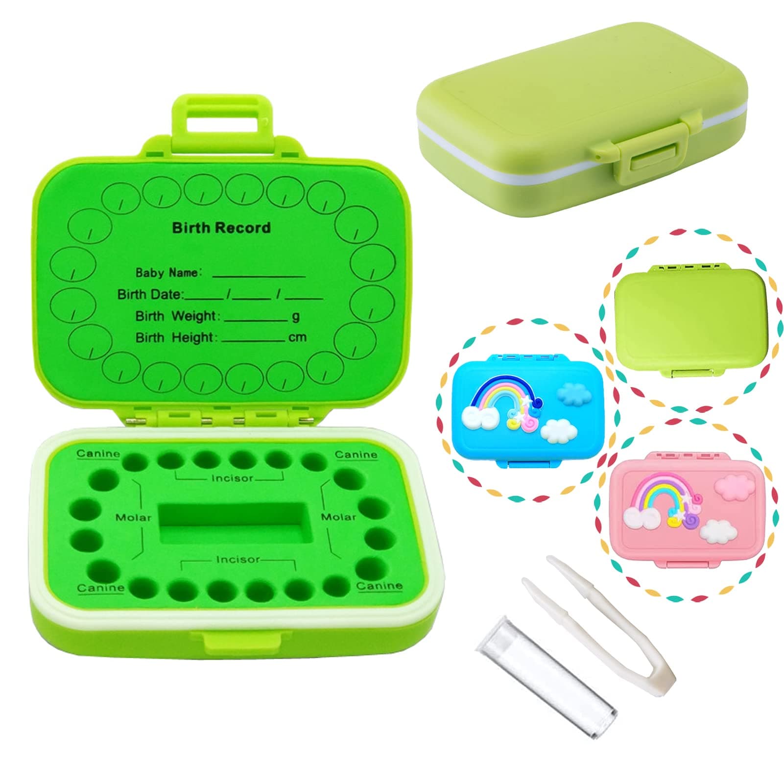 Baby Teeth Keepsake Box Tooth Organizer for Lost Teeth, Tooth Storage with Fetal Hair Container for Tooth Fairy (Green)