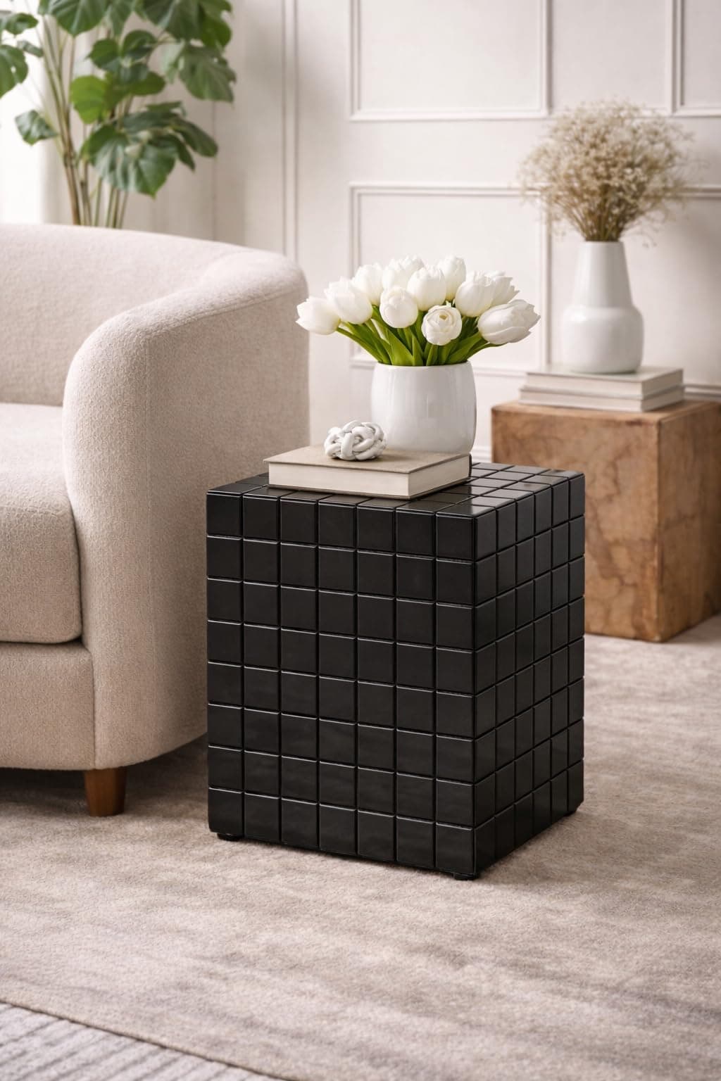 - Tiled Cube Accent Bedside Table Coffee Stand Home Storage Organizer For Living Room Bedroom (, Black, Engineered Wood)