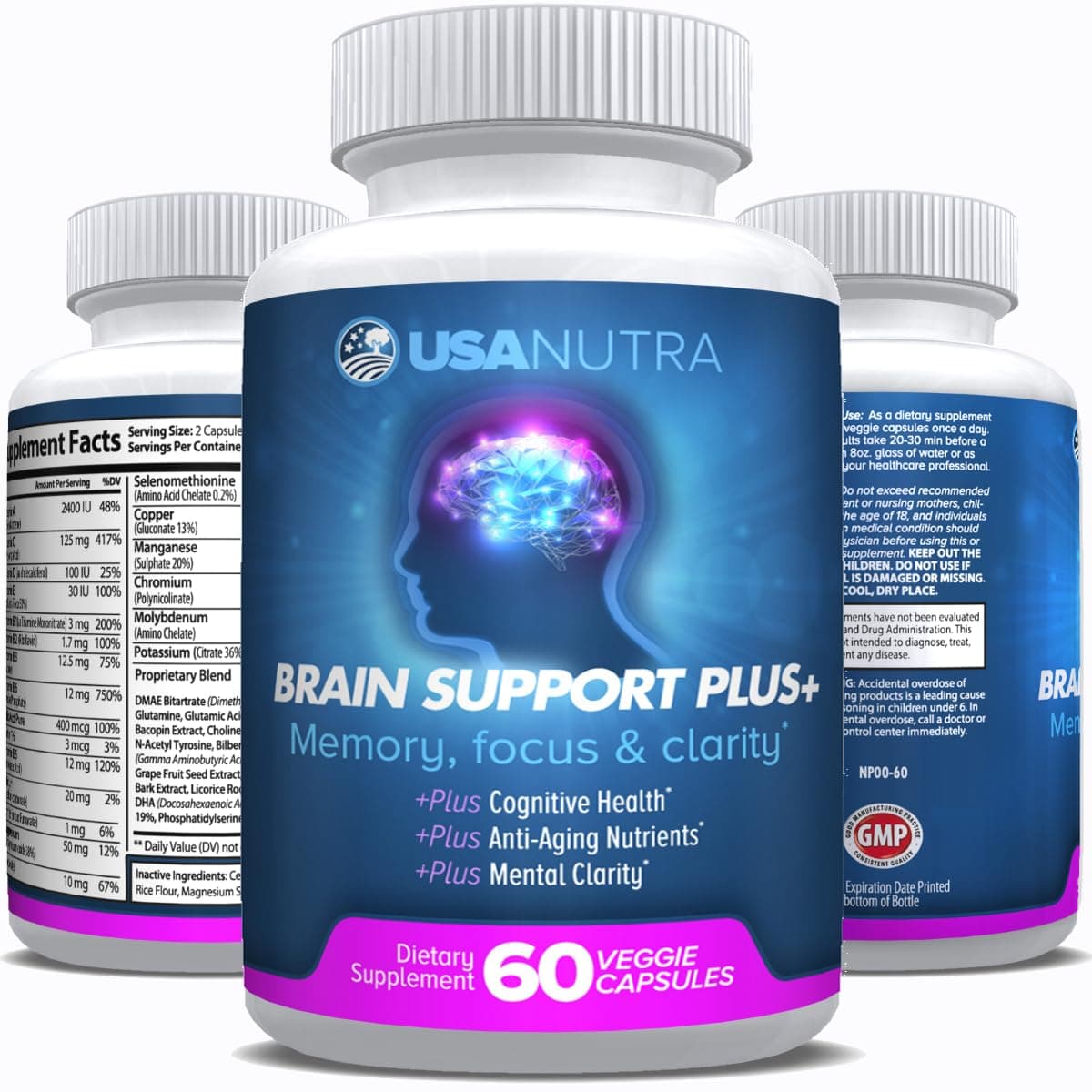 Brain Support Plus Brain Supplement for Memory and Focus, Nootropics for Concentration and Mental Clarity, Brain Vitamins B1, B6, B12, Phosphatidylserine, 1000mg, 60 Capsules, Made in the USA.