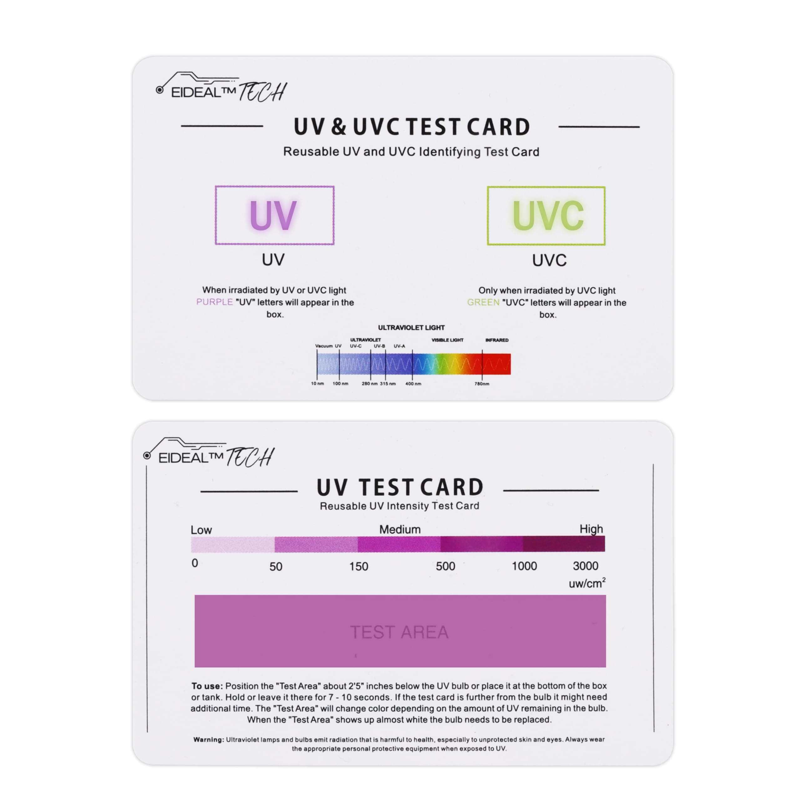 EIDEAL™ | UV & UVC Test Card & UV Intensity Test Card | 3-in-1 UV Test Card | UVA & UVC Light Identifying Card | UV Bulb & LED Intensity Reading Card | UV Dosage Indicator Card | UVB Tester
