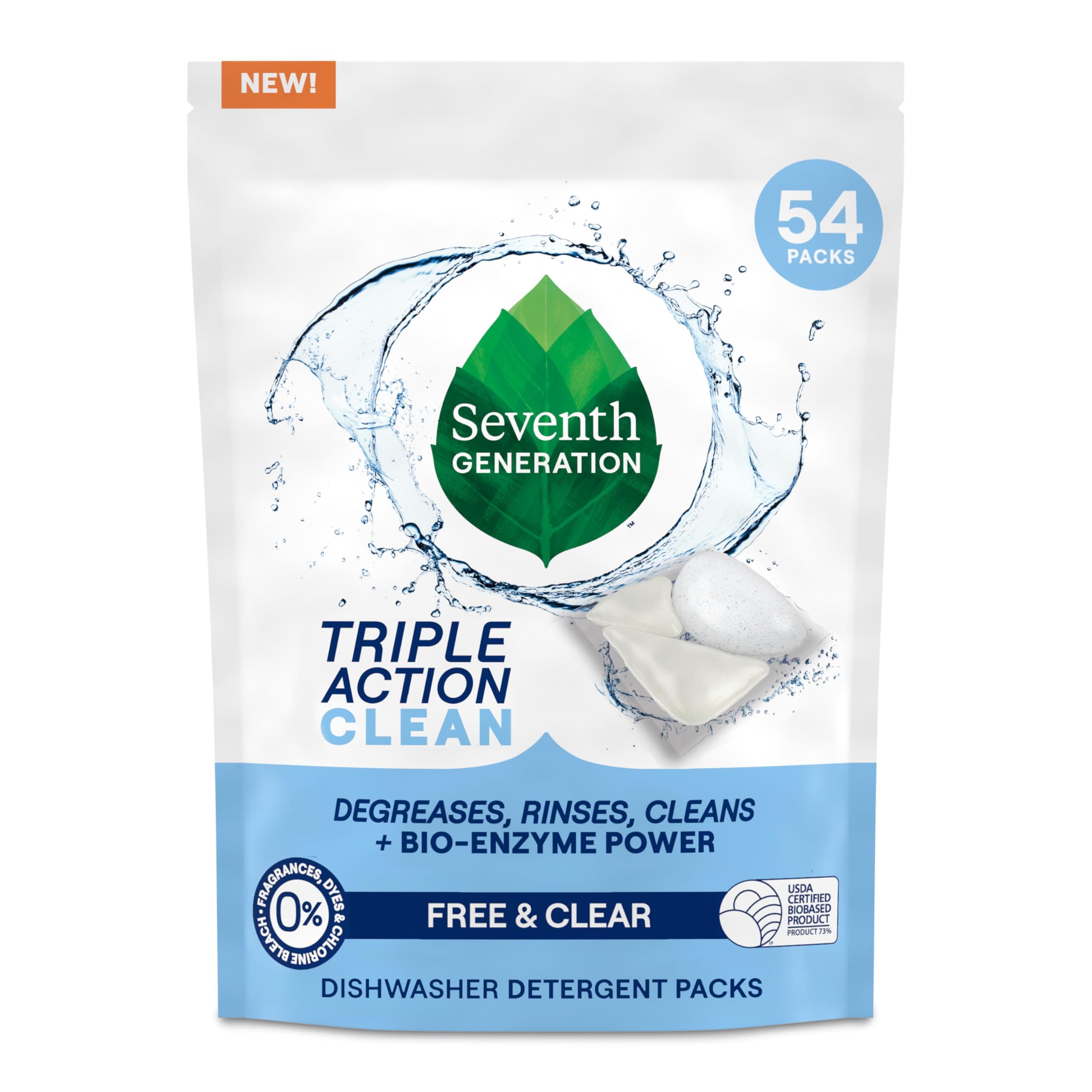 - Triple Action Clean Automatic Dishwasher Detergent Packs with Bio-Enzyme Power, Free & Clear, Fights 48-hour Stuck-on Food, 54 count