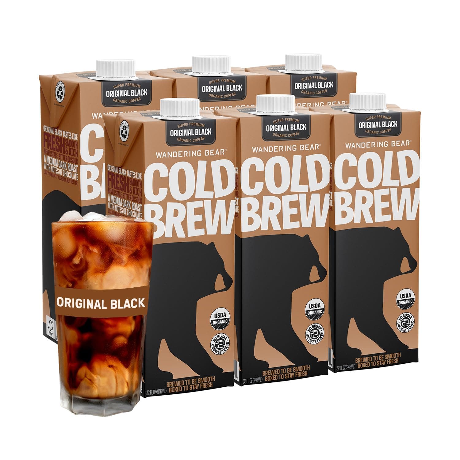 Straight Black Organic Cold Brew Coffee - Extra Strong, Bold, Smooth, Unsweetened, Shelf-Stable, Ready to Drink & Vegan, 100% Organic Iced Cold Brewed Coffee Drink - 32 fl oz, 6 pack