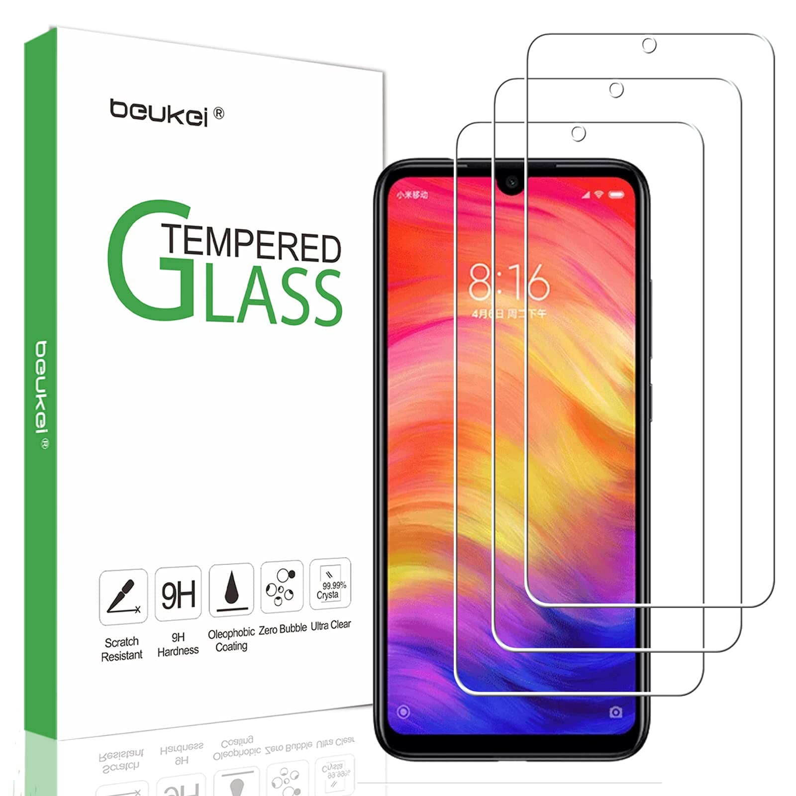 (3 Pack) Compatible for Xiaomi Redmi Note 7 and Redmi Note 7 Pro Screen Protector Tempered Glass,Full Screen Coverage, Touch Sensitive,Case Friendly, 9H Hardness