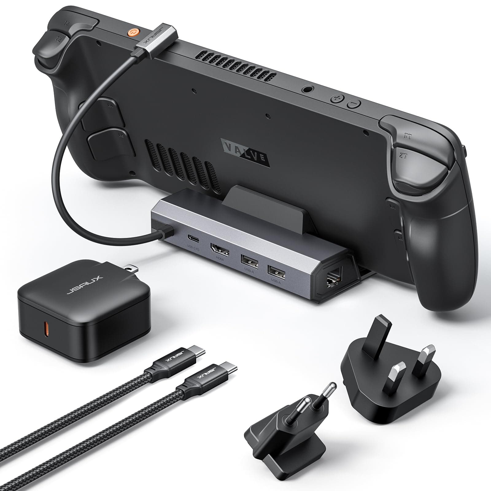 Docking Station and 65W Charger Compatible with Steam Deck OLED/ROG Ally X/Legion Go (S), 5-in-1 Dock with HDMI 4K@120Hz, 100Mbps Ethernet, Dual USB 2.0 and 100W Charge-HB0602