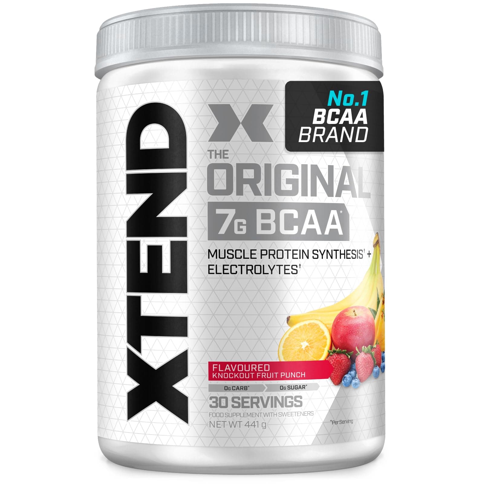 XTEND Original BCAA Powder Knockout Fruit Punch 30 Servings | 7g BCAAs Per Serving | Sugar Free Branched Chain Amino Acids and Electrolytes Powder for Post Workout Muscle Recovery and Hydration