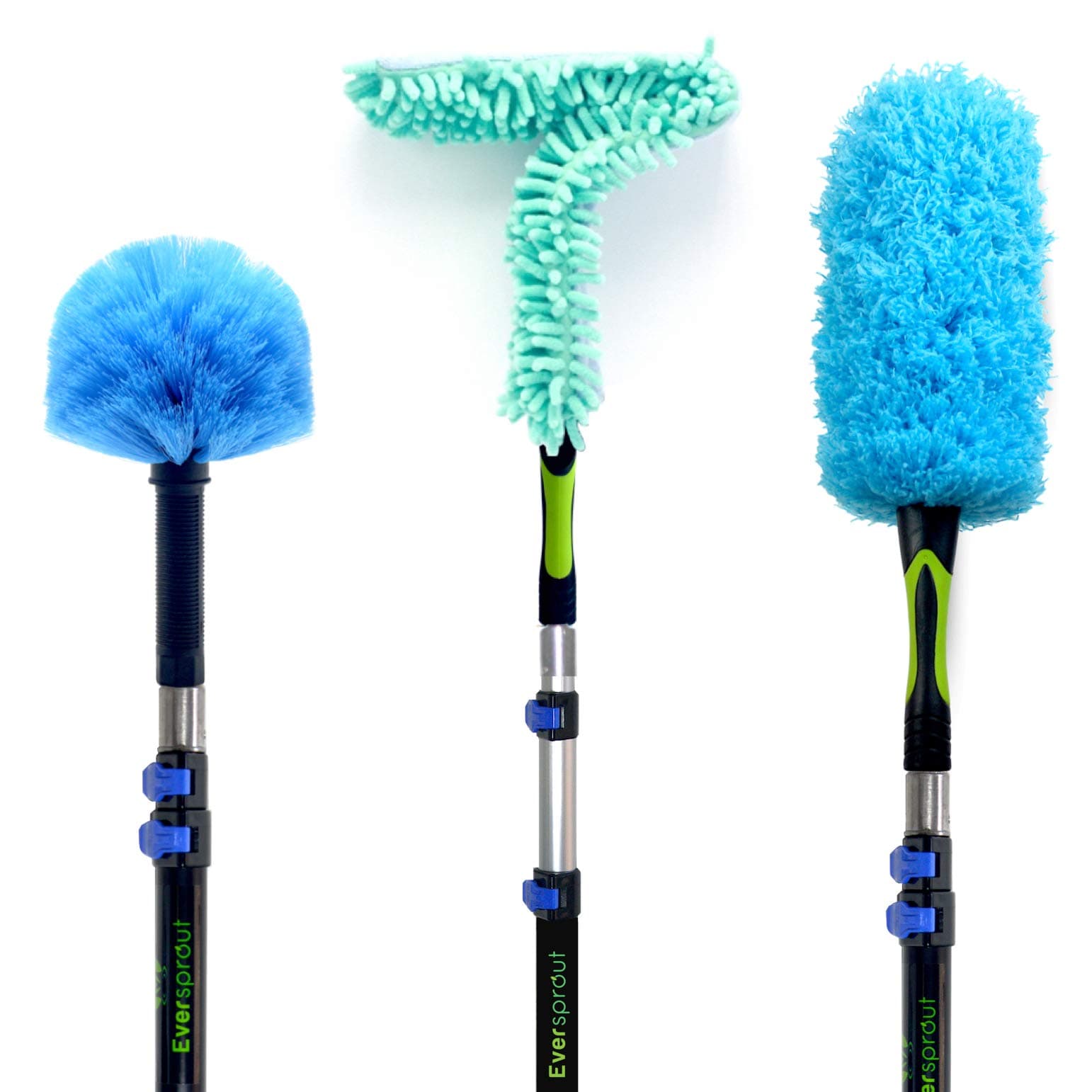 5-to-12 Foot Duster 3-Pack with Extension-Pole (20+ Foot Reach) | Hand-packaged Cobweb Duster, Microfiber Feather Duster, Flexible Microfiber Ceiling & Fan Duster | Aluminum Telescopic Pole