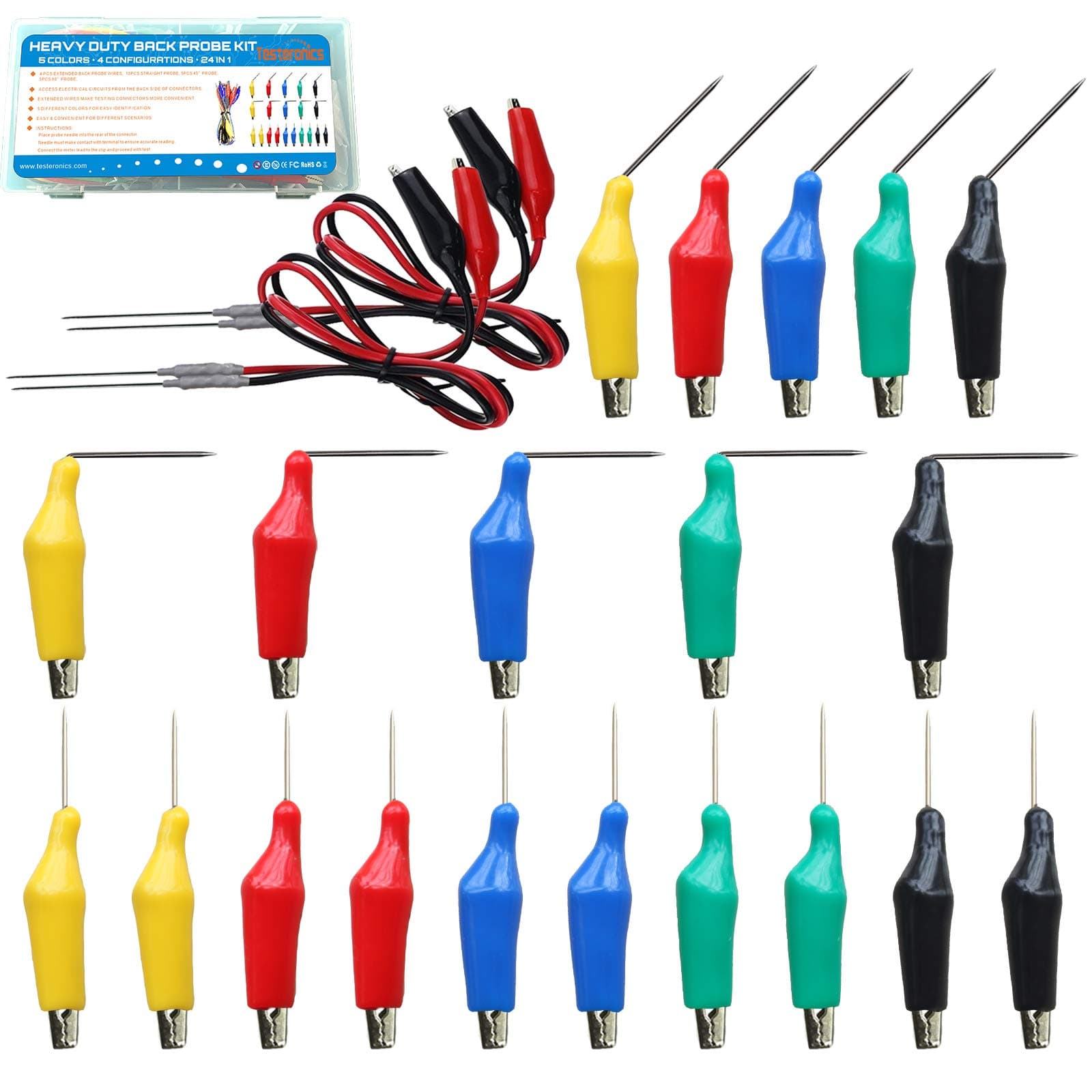 24 in 1 Heavy Duty Electrical Back Probe Kit | 4 PCS Extended Back Probe Wires | 20 PCS Alligator Clip to Back Probe Needle