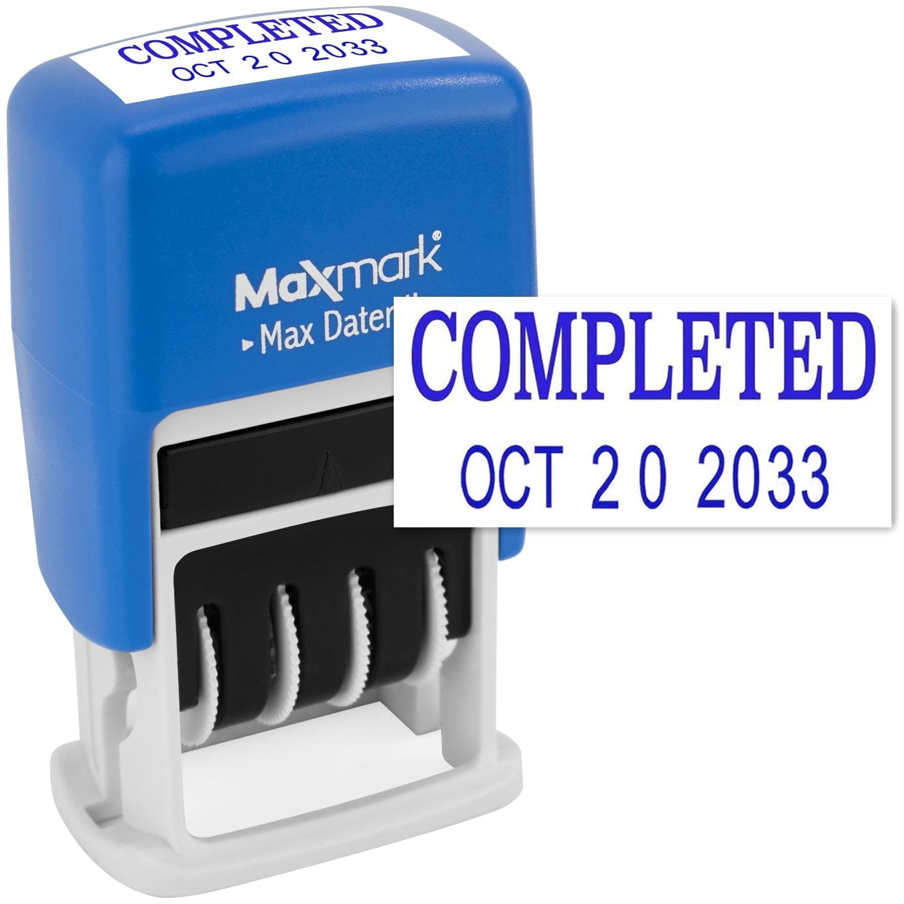 MaxMark Self-Inking Rubber Date Office Stamp with COMPLETED Phrase & Date - BLUE INK (Max Dater II), 12-Year Band