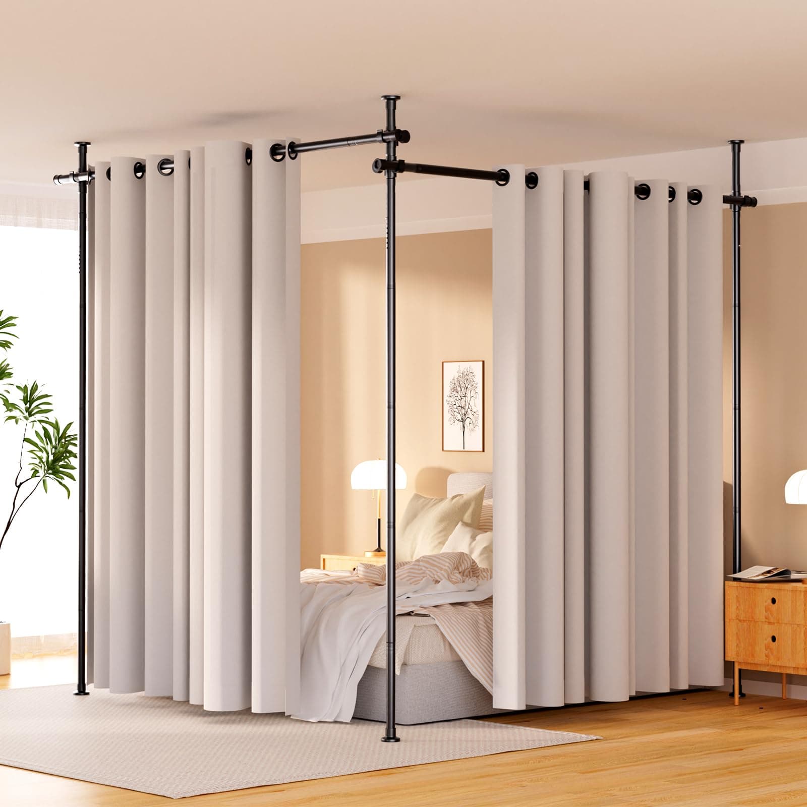 Getsrichfc Room Divider, Height & Width Adjustable, No Drilling Curtain Rod, Heavy Duty Steel Tension Wall Divider, Portable Room Partition, Black