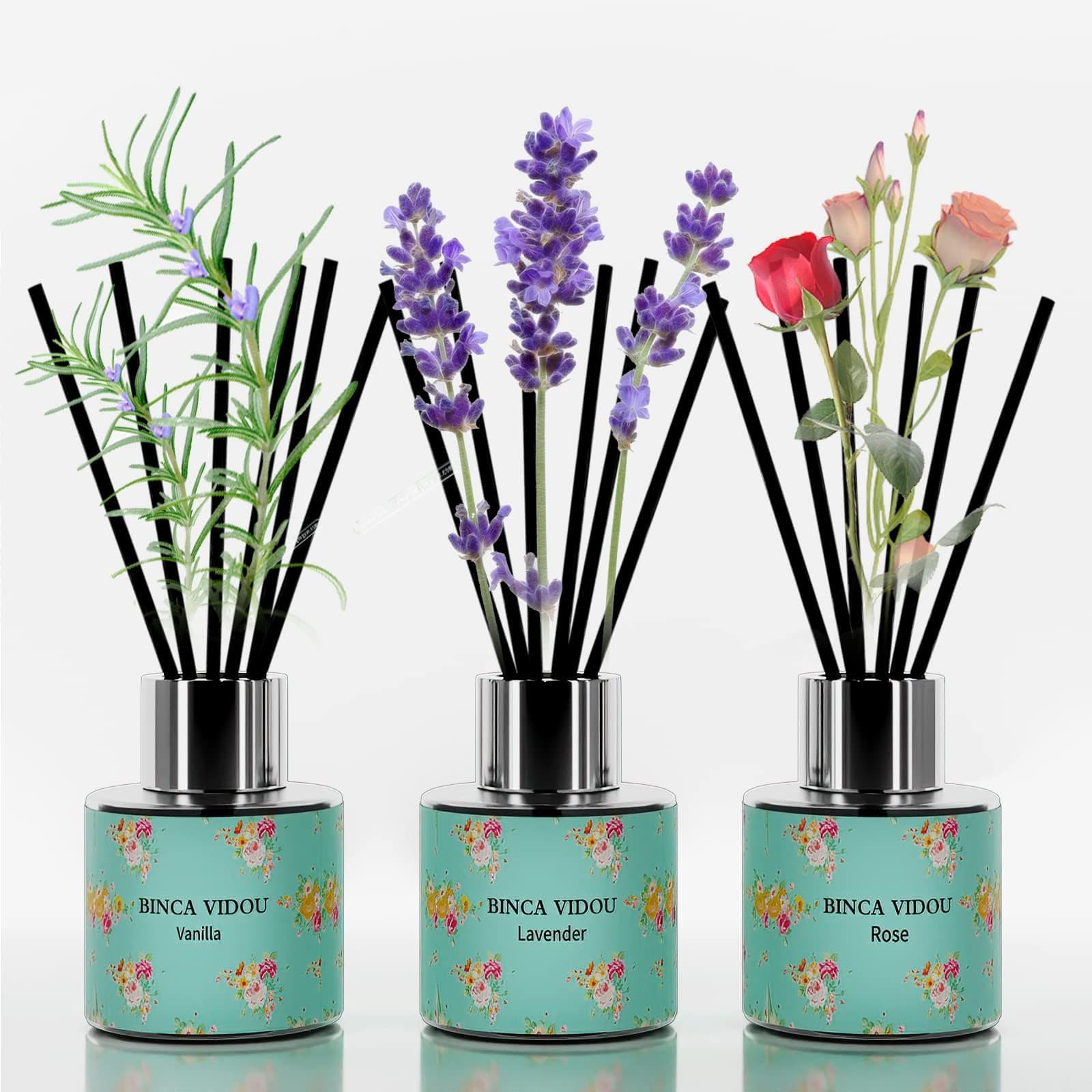 Reed Diffuser Set of 3, Natural Scent Oil Diffusers with Sticks for Home Office Bathroom Aromatherapy Decor (Lavender, Rose, Vanilla, 50ml x 3)