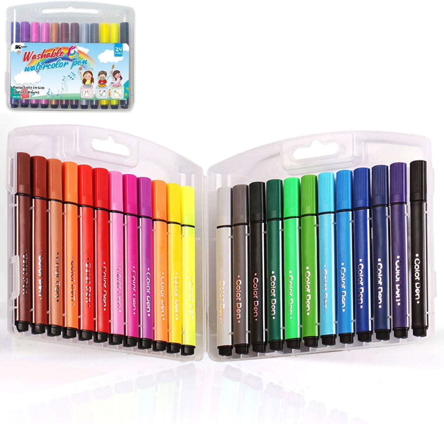 Washable Felt Tip Colouring Pens Set for Children Non-toxic Thick Fibre Tip Chunky Pens with Case Box for Colouring Book Drawing Gift - 24 Assorted Colours - Ages 3 Years Plus