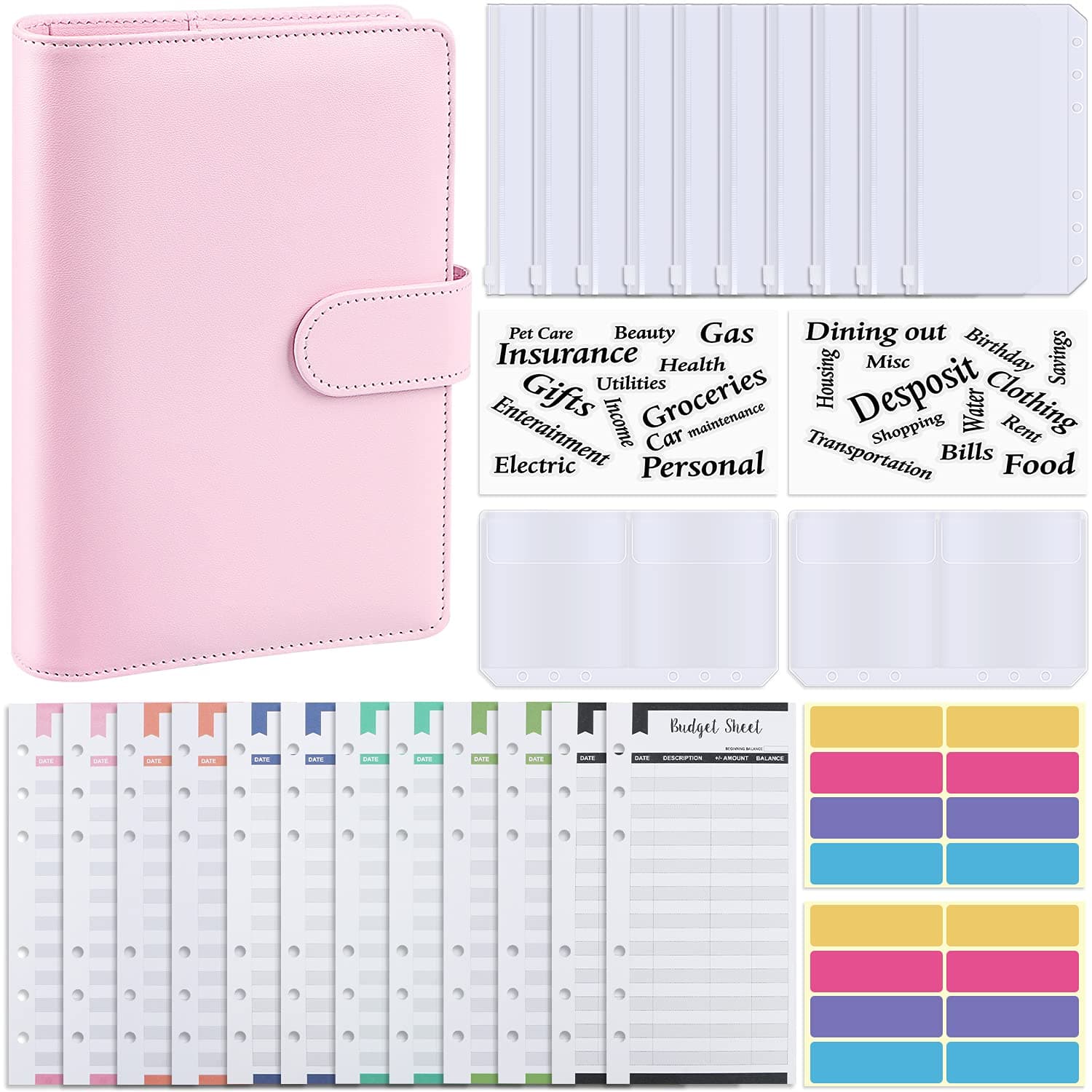 Budget Binder, A6 PU Leather Notebook Planner Organizer Refillable 6 Ring Binder Cover with 10 Binder Pockets Cash Envelopes 2 Bill Bag 12 Expense Budget Sheet, Letter Sticker Labels